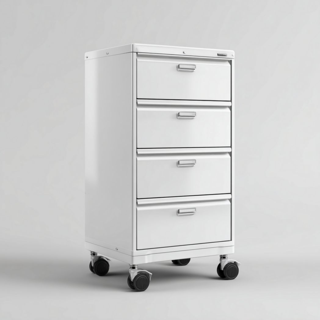 Caisson de bureau métallique blanc à quatre tiroirs avec roulettes