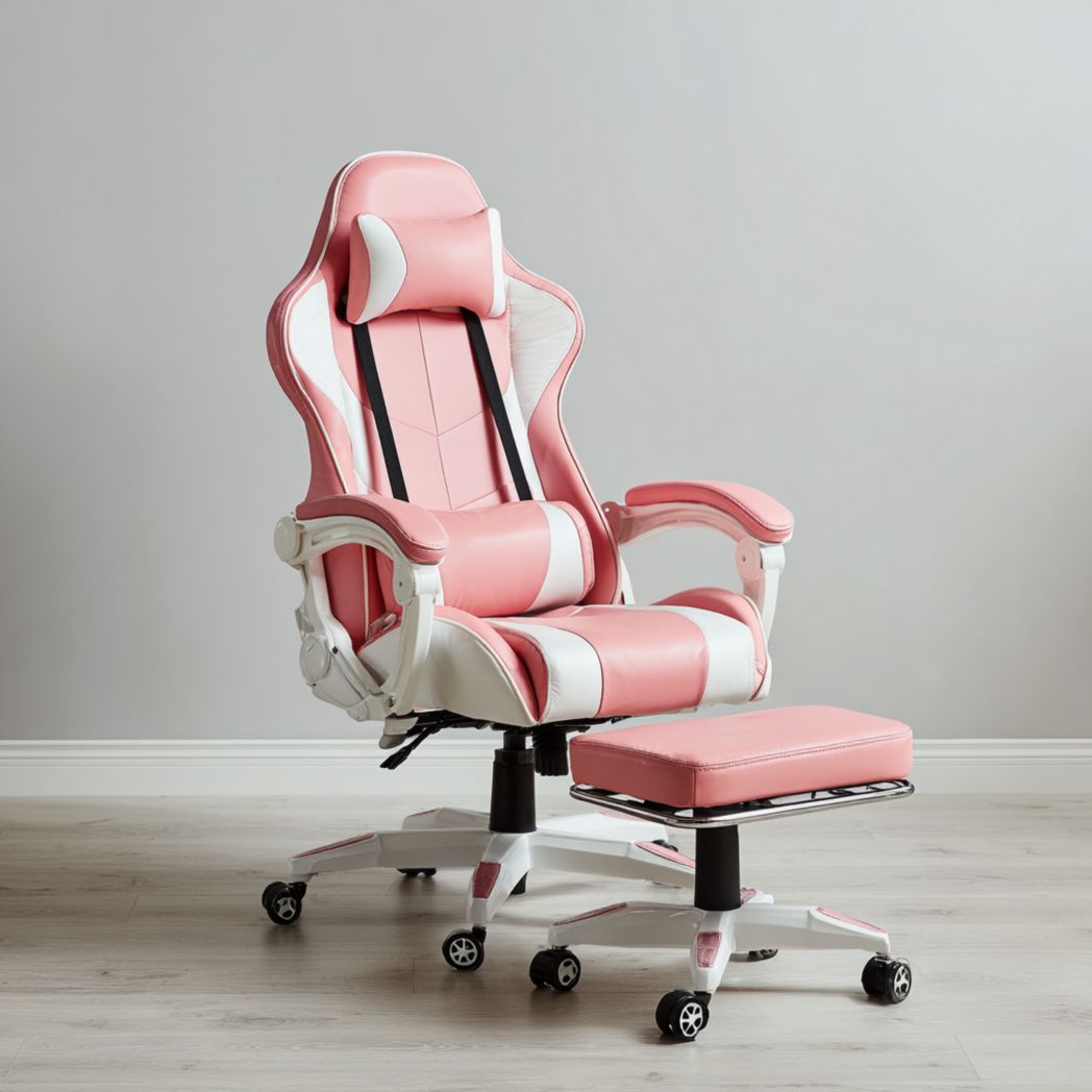 Chaise de bureau en similicuir rose et blanc avec dossier haut, accoudoirs et repose-pieds