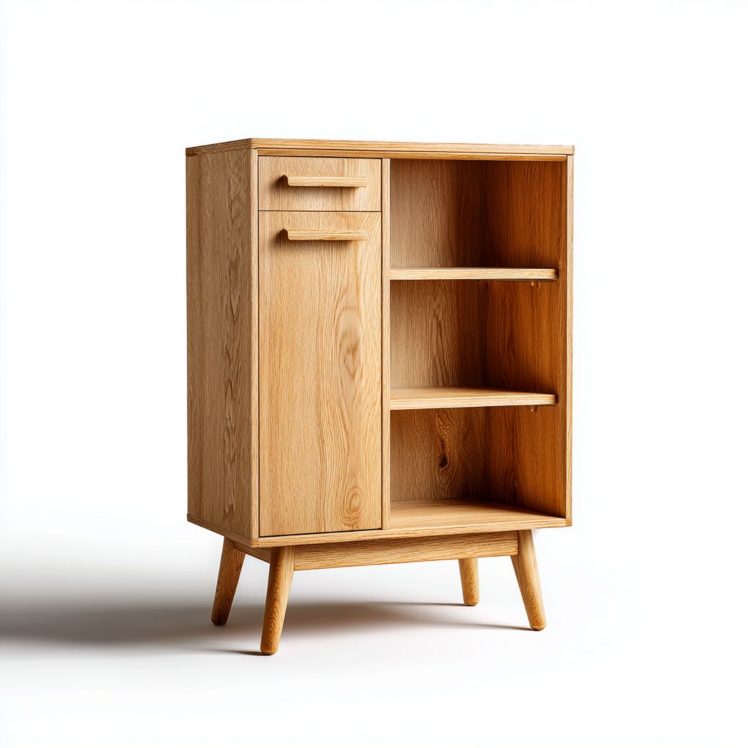 Meuble bas de salle de bain en bois avec une porte simple, un tiroir et un compartiment ouvert