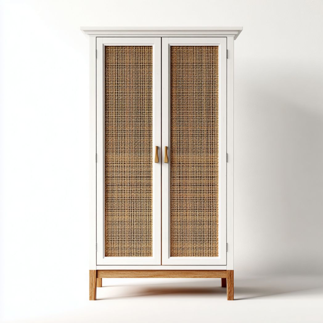 Armoire en bois blanc avec deux portes en cannage