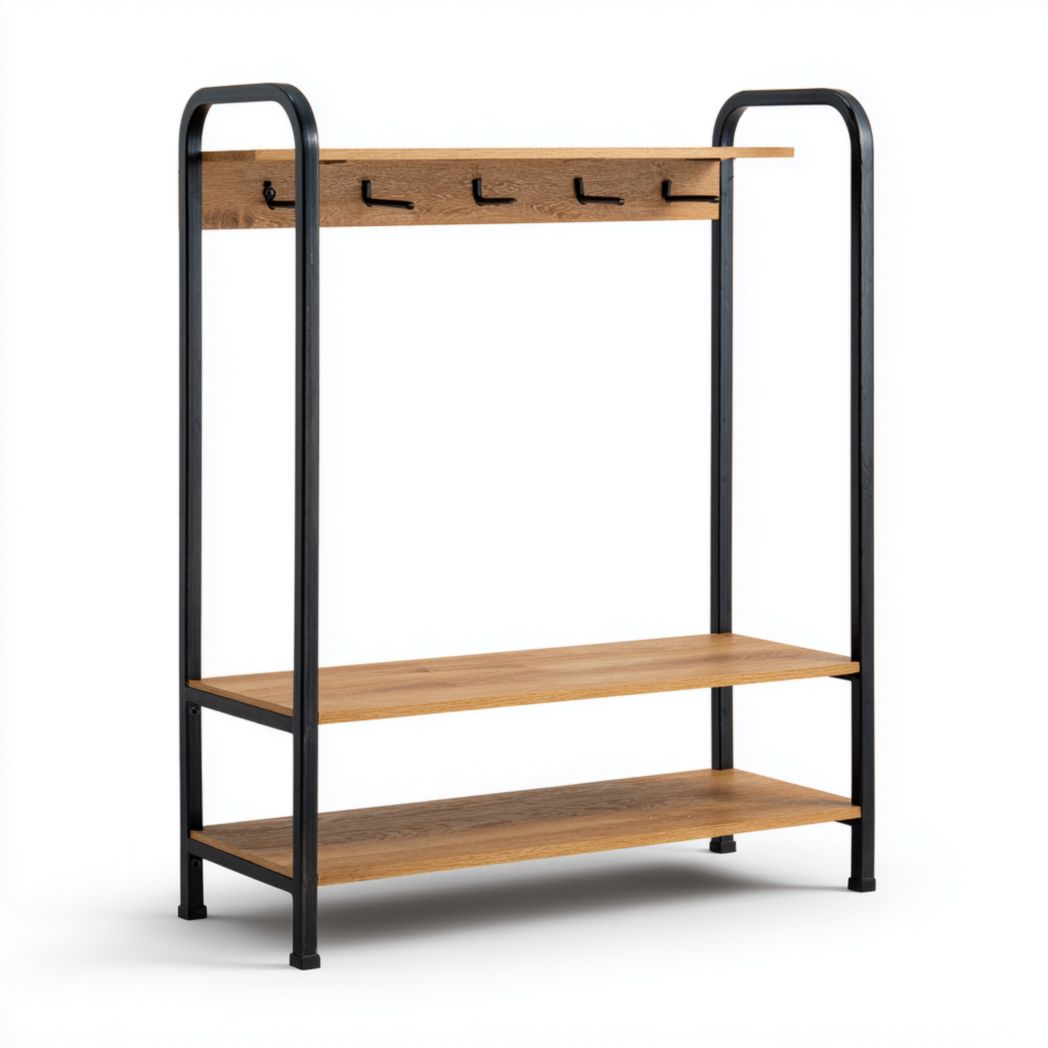 Portemanteau cadre métal noir avec étagères bois et crochets multiples