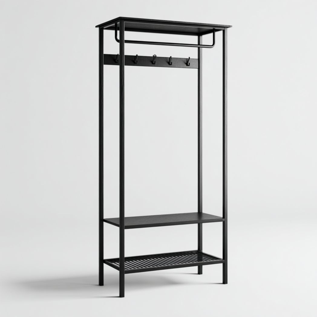 Portemanteau en métal noir avec étagères et crochets multiples
