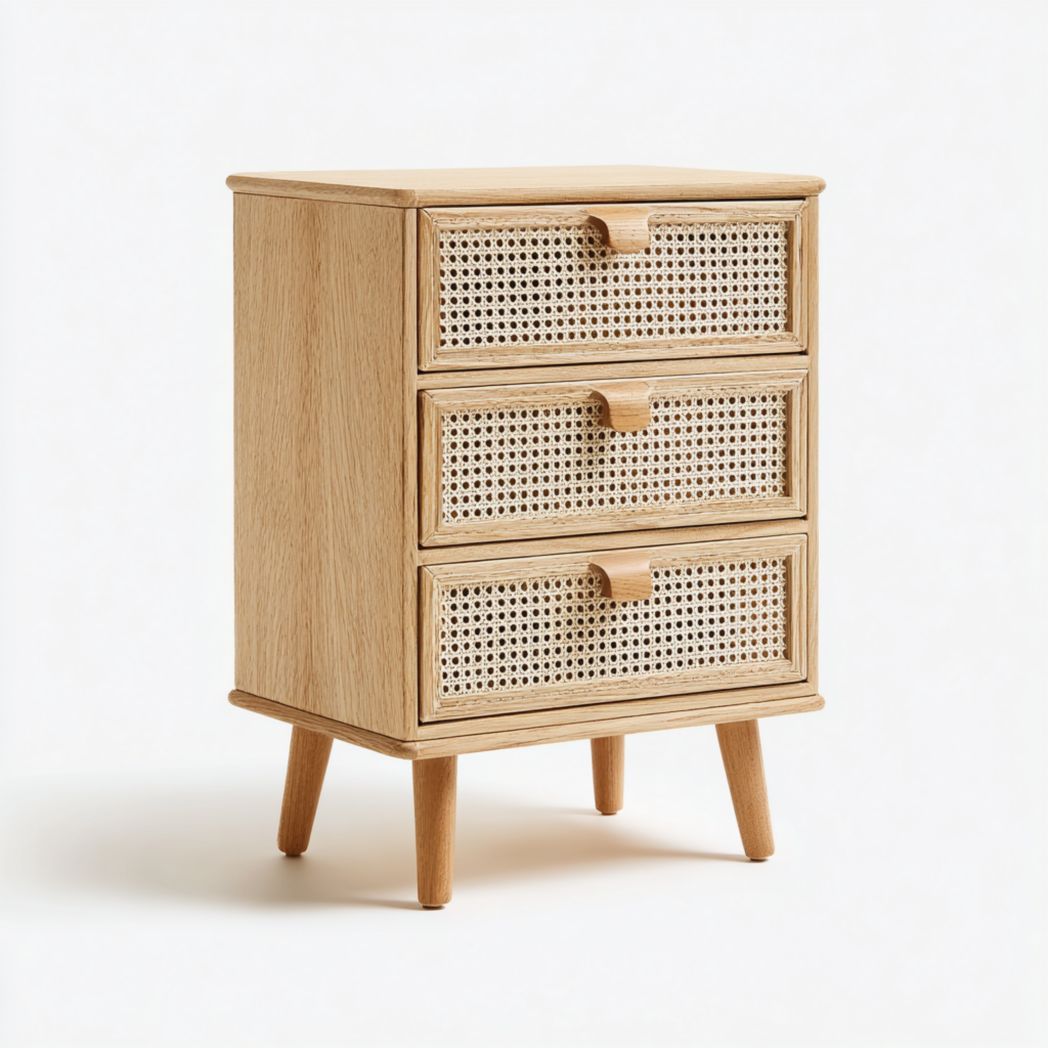 Meuble à chaussures bois clair avec trois tiroirs en rotin