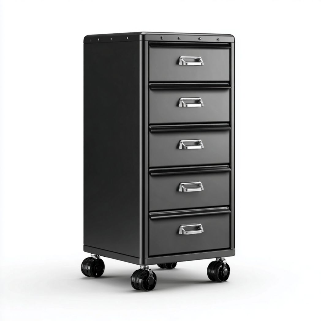 Caisson de bureau en métal noir avec 5 tiroirs et roulettes