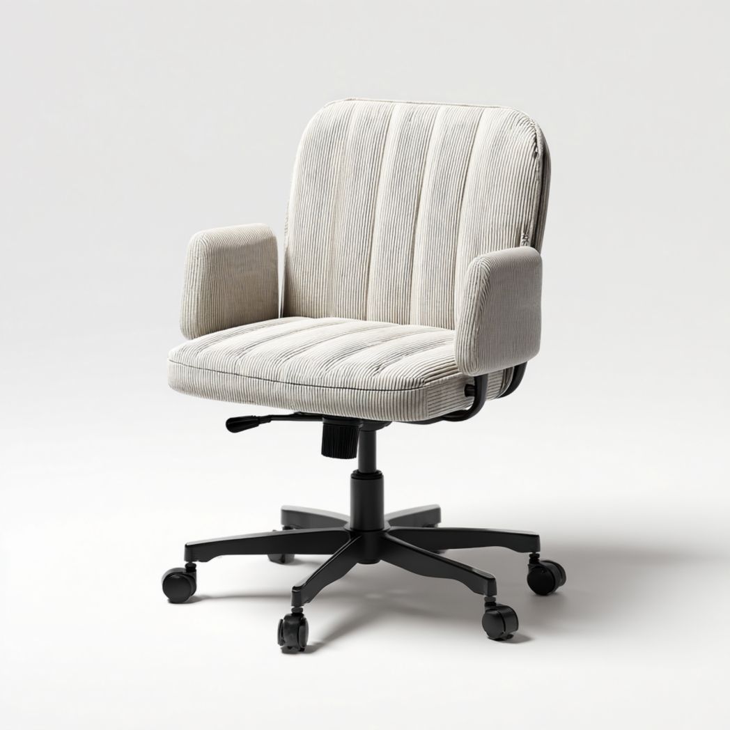 Chaise de bureau en tissu gris clair, accoudoirs souples, base pivotante à six griffes avec roulettes