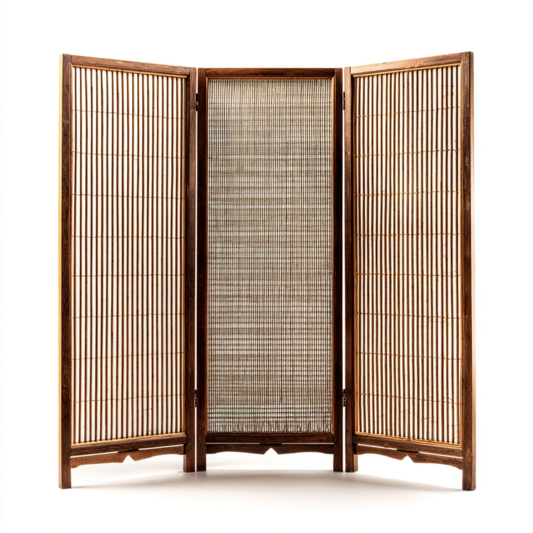 Paravent 3 panneaux bois et bambou tressé, cadre marron design à lattes verticales