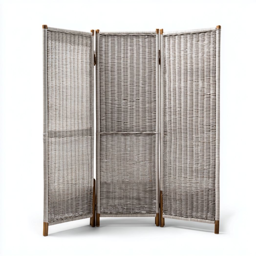 Paravent 3 panneaux bois et rotin tressé gris