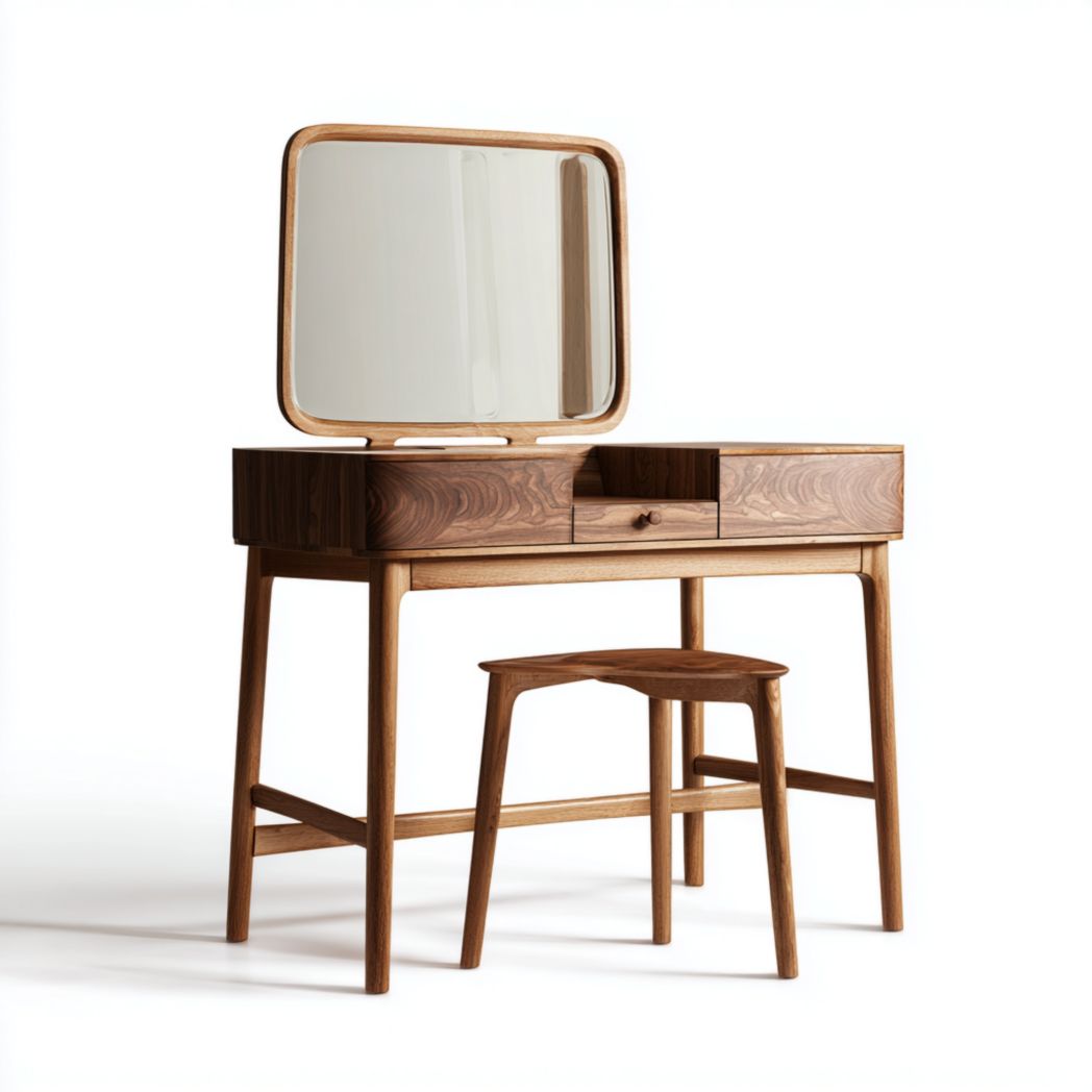 Coiffeuse en bois avec miroir carré, deux tiroirs latéraux, compartiment central et tabouret assorti