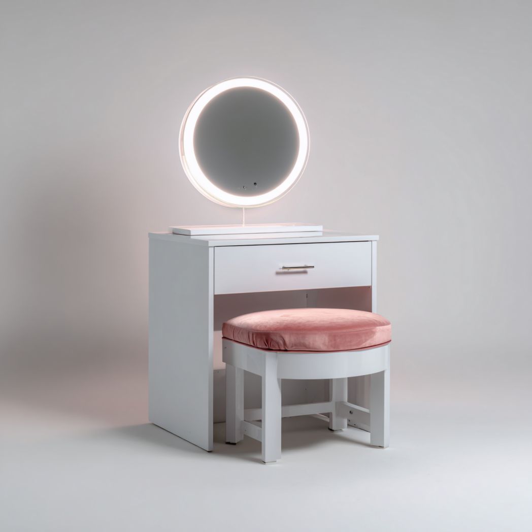 Coiffeuse en bois blanc avec miroir rond LED, un tiroir et tabouret rose