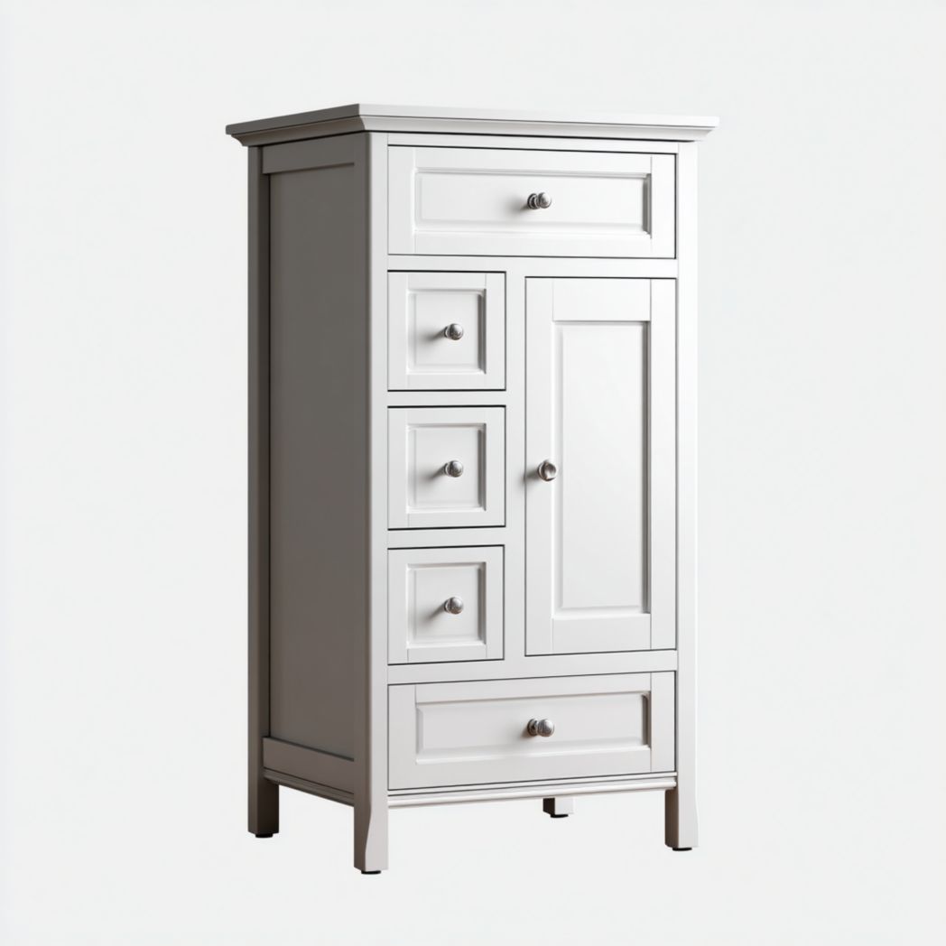 Meuble de salle de bain en bois blanc, 5 tiroirs, 1 porte