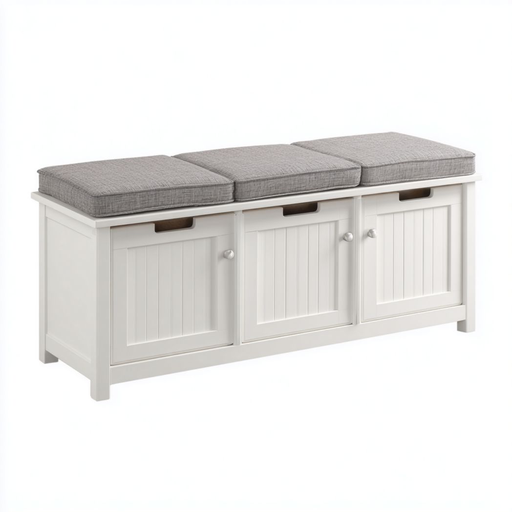 Banc d'entrée bois blanc avec coussins gris et trois compartiments fermés