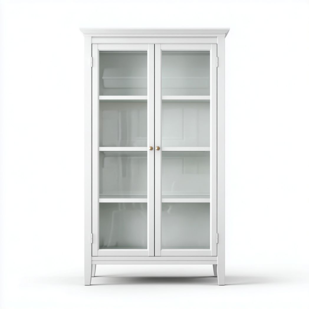 Meuble bas de salle de bain blanc avec 2 portes vitrées et étagères intérieures