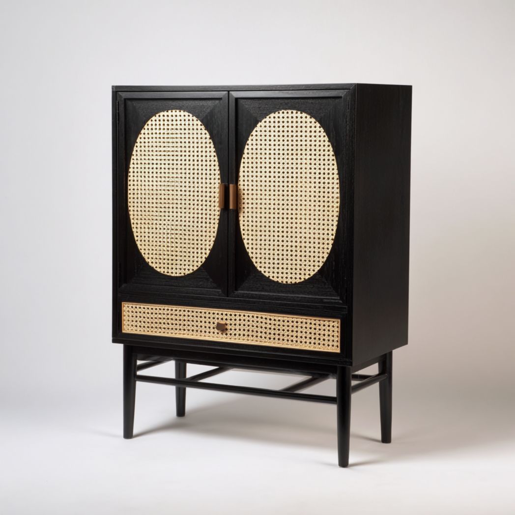 Caisson de bureau bois noir avec deux portes et un tiroir en rotin