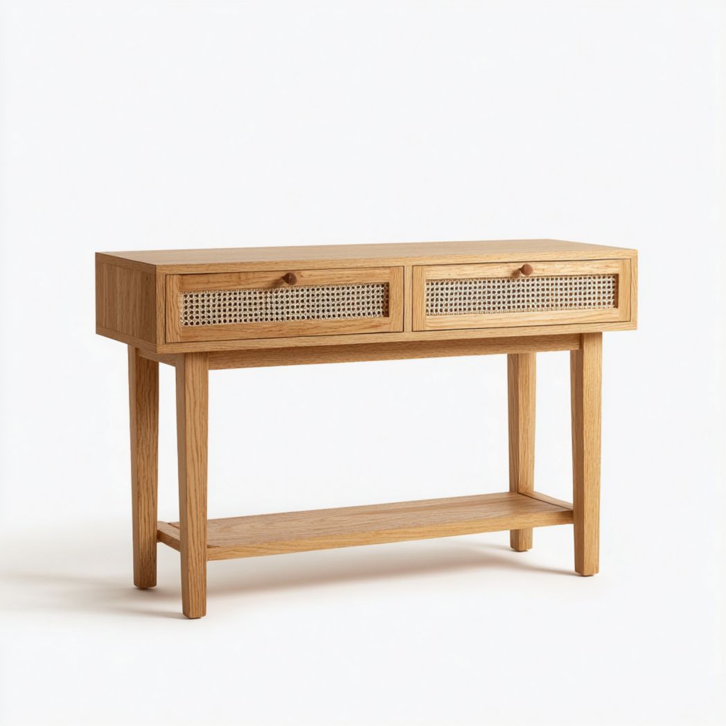 Bureau rectangulaire en bois clair avec deux tiroirs en rotin et tablette inférieure