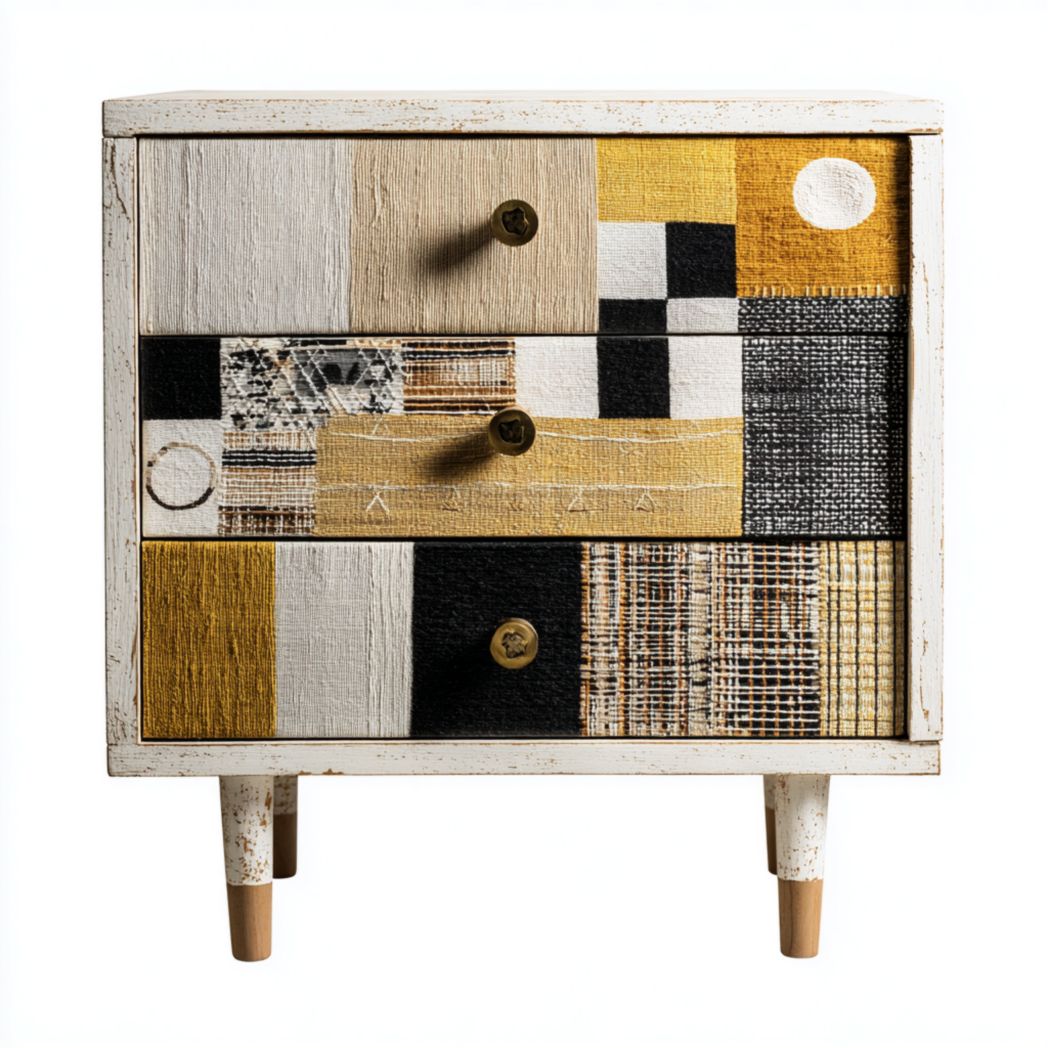 Commode 3 tiroirs bois, façades géométriques multicolores, pieds en bois