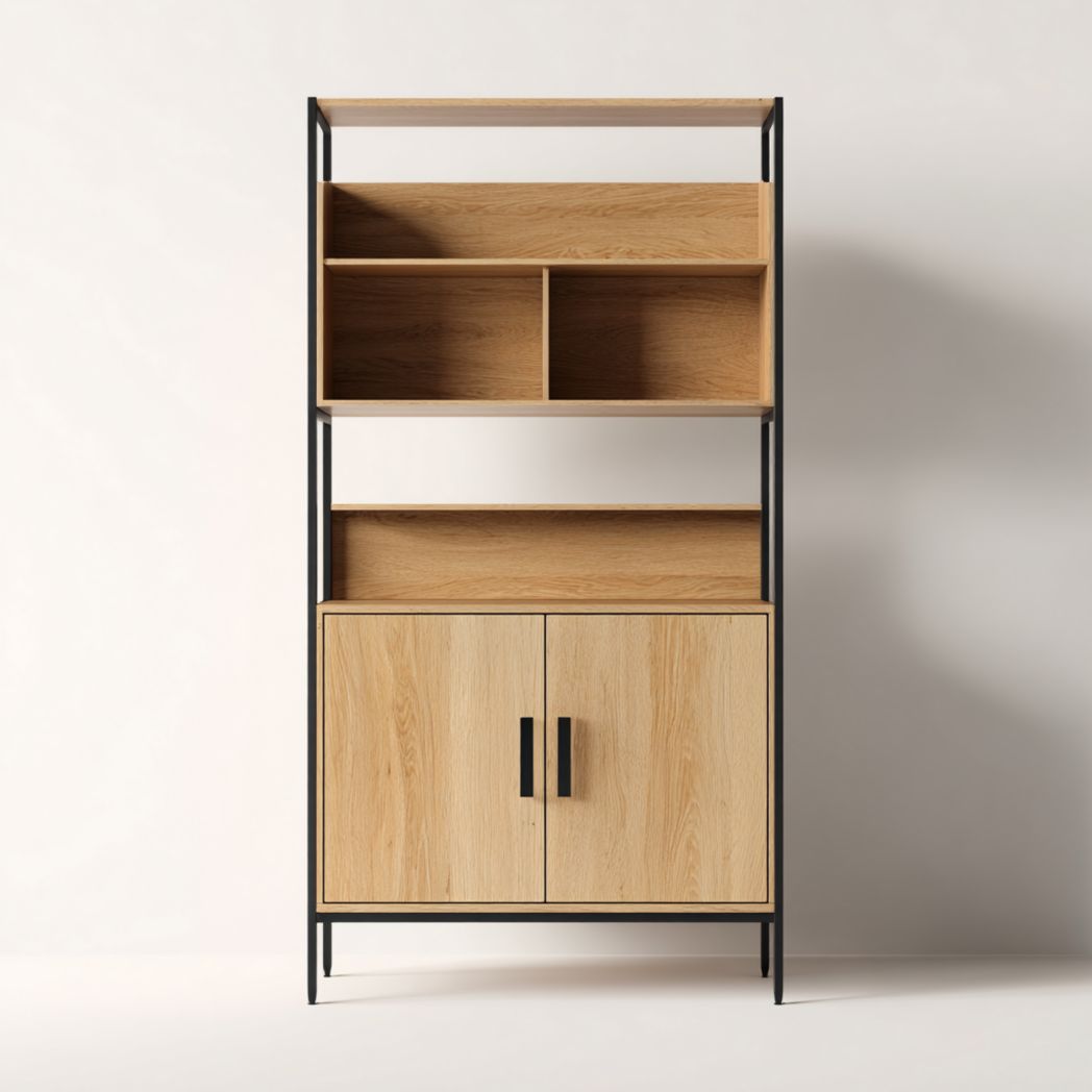 Étagère de salle de bain bois clair et métal noir avec compartiments ouverts et armoire à 2 portes