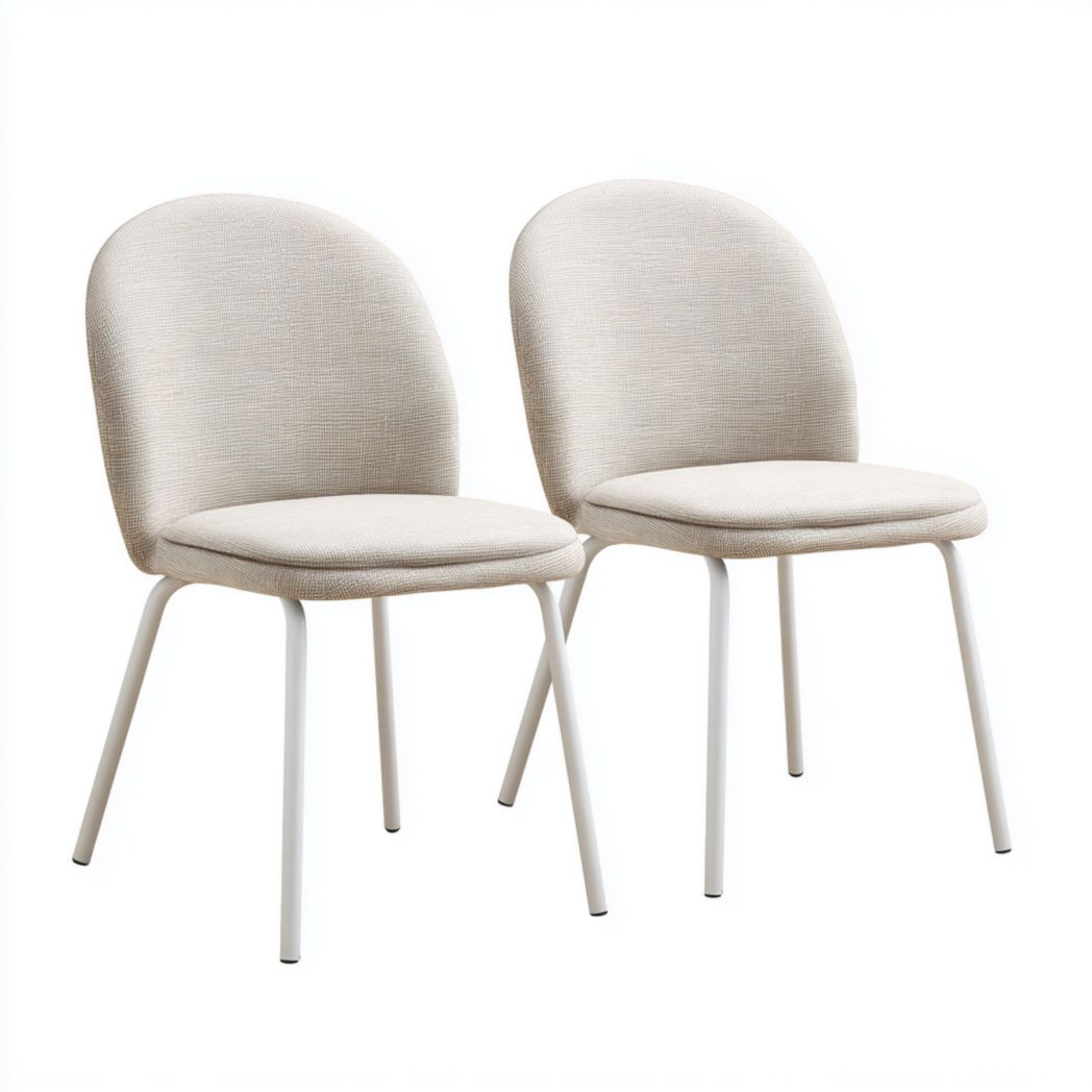 Lot de 2 chaises en métal blanc avec assise et dossier rembourrés en tissu beige