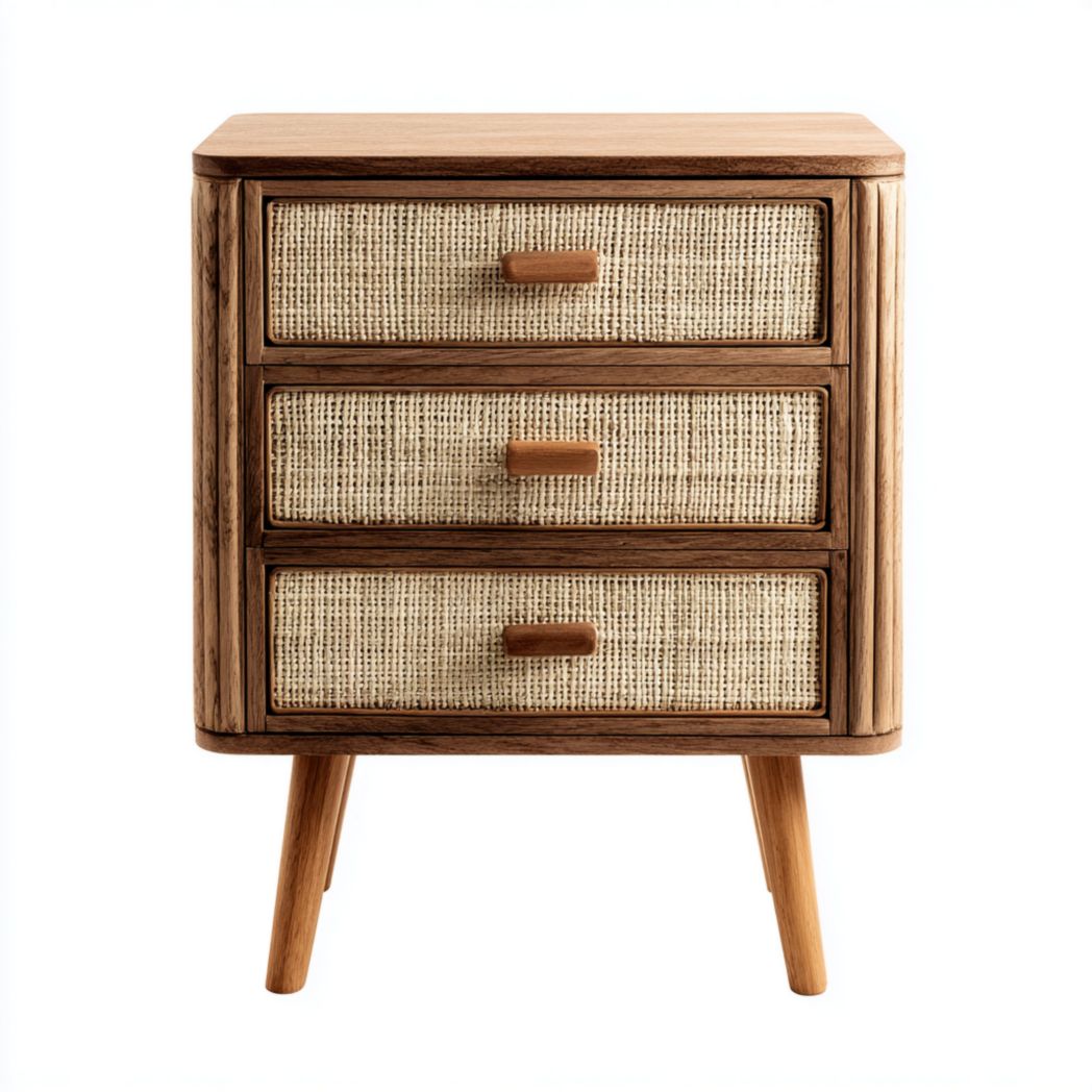 Meuble à chaussures bois brun avec trois tiroirs en rotin