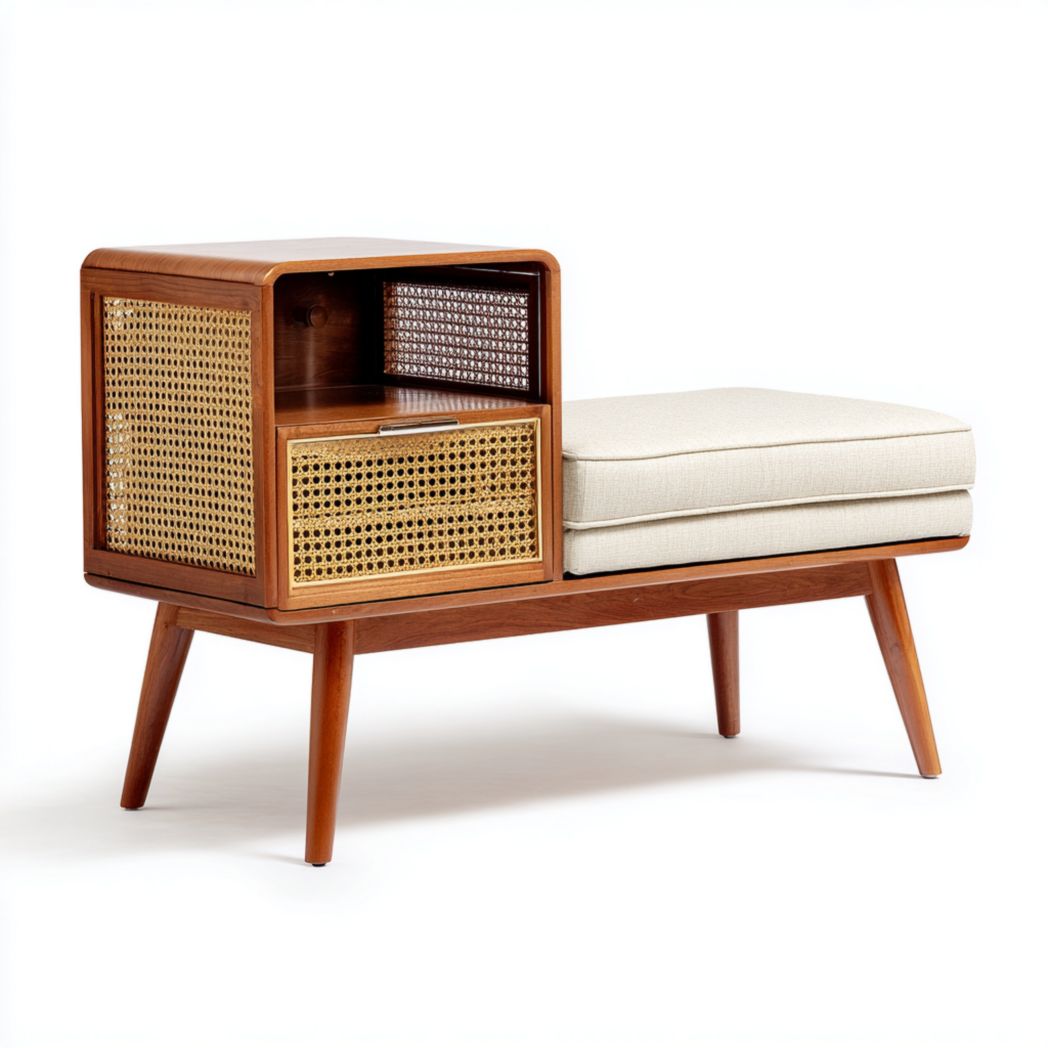 Banc d'entrée en bois noyer avec assise tissu beige, compartiment ouvert et tiroir en rotin