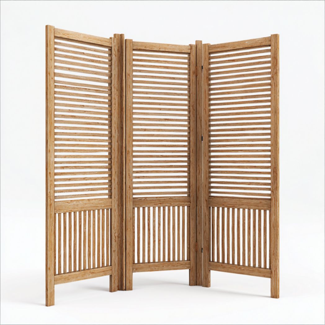 Paravent 3 panneaux bois naturel, structure rectangulaire à lattes croisées