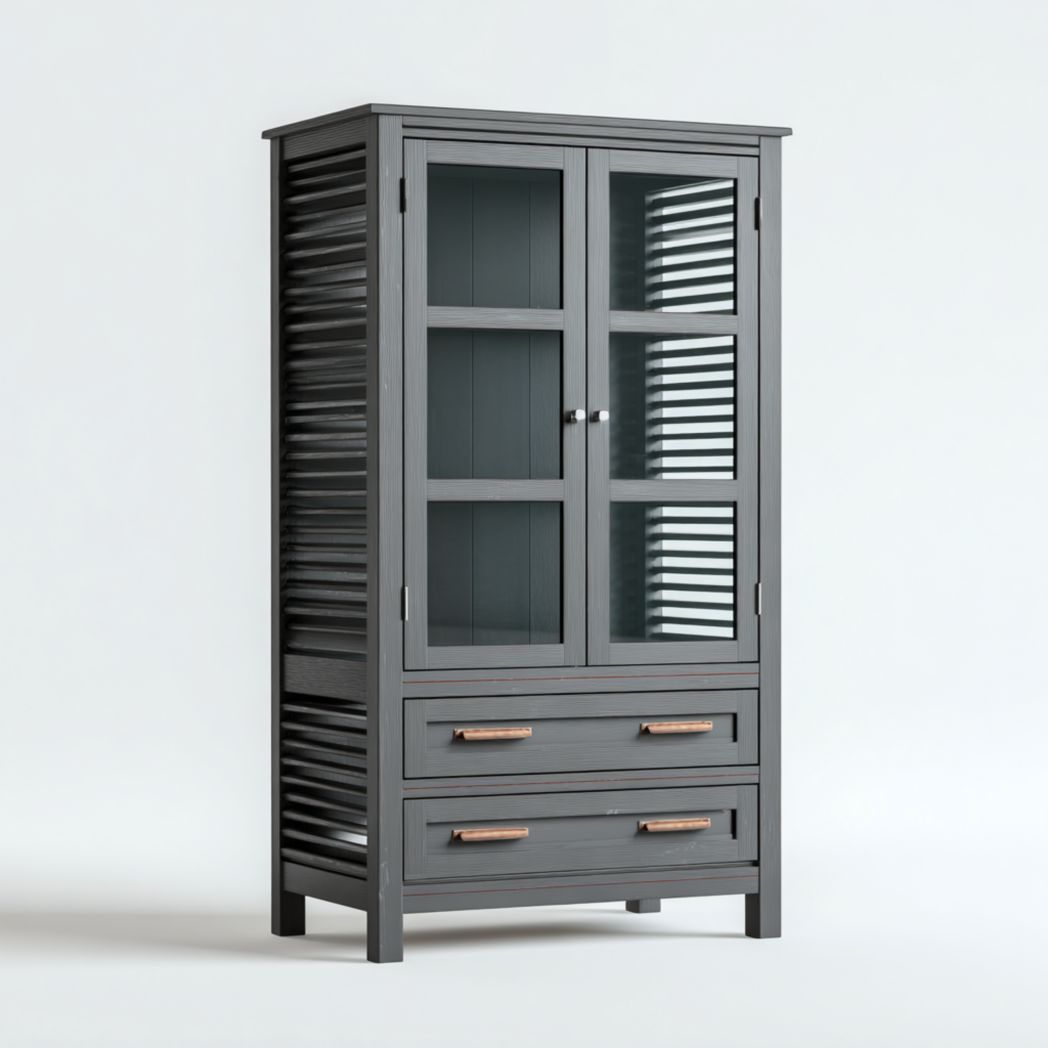 Meuble bas de salle de bain gris avec 2 portes vitrées et 2 tiroirs