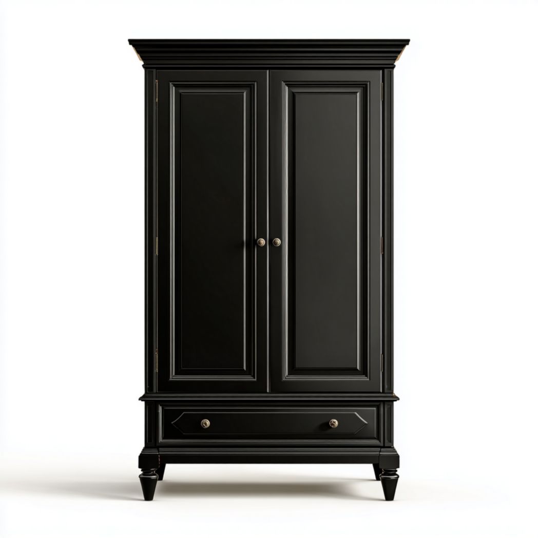 Armoire en bois noire à deux portes avec tiroir et pieds coniques