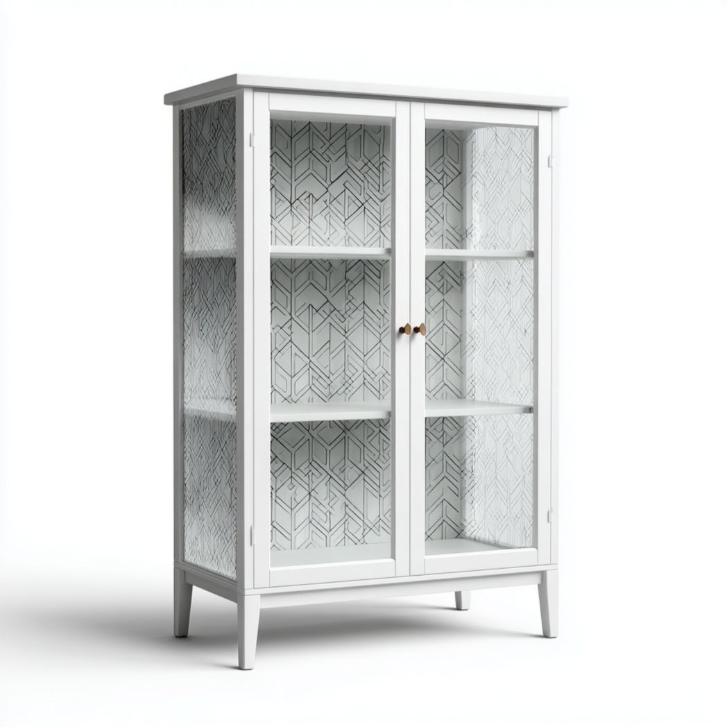 Étagère de salle de bain en bois blanc avec portes vitrées et 3 niveaux