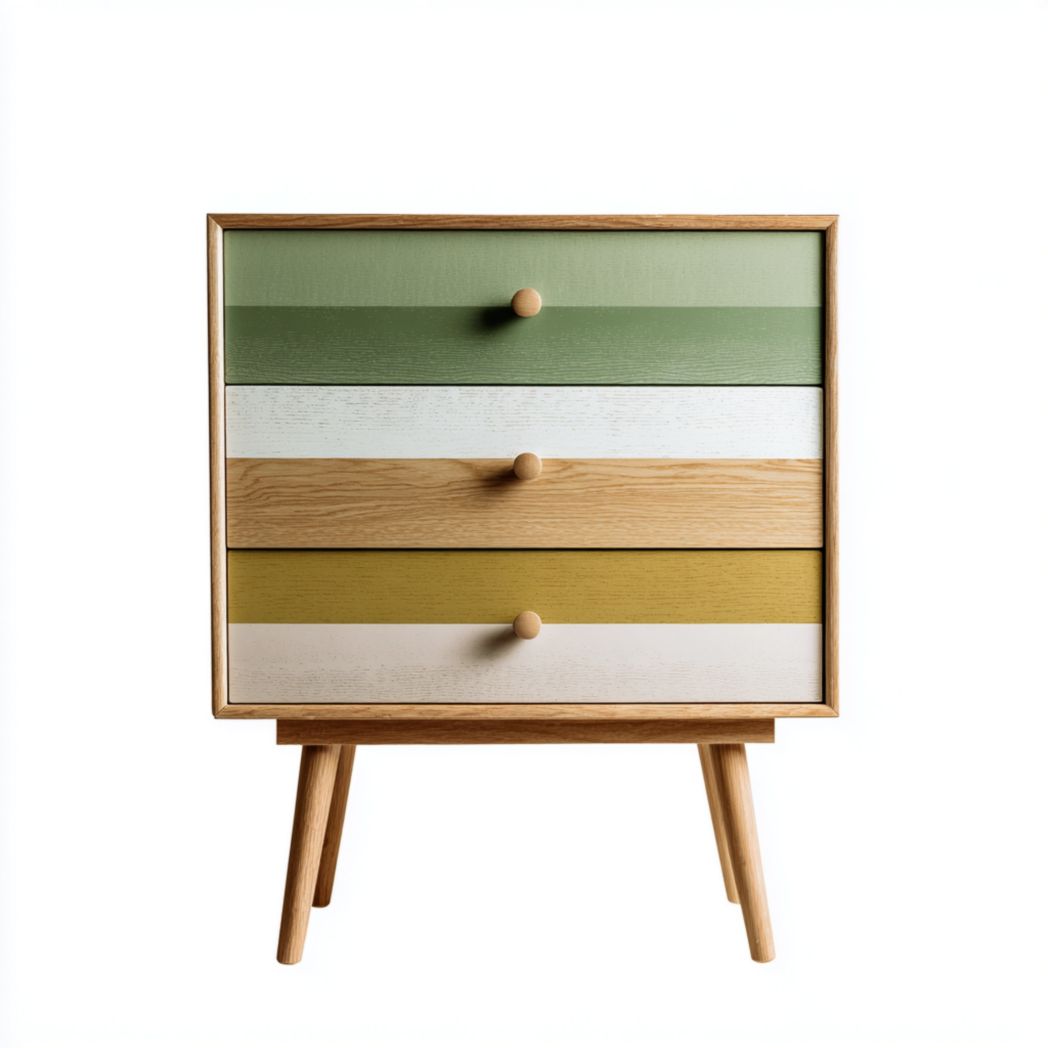 Commode 4 tiroirs multicolores bois, cadre naturel, pieds inclinés