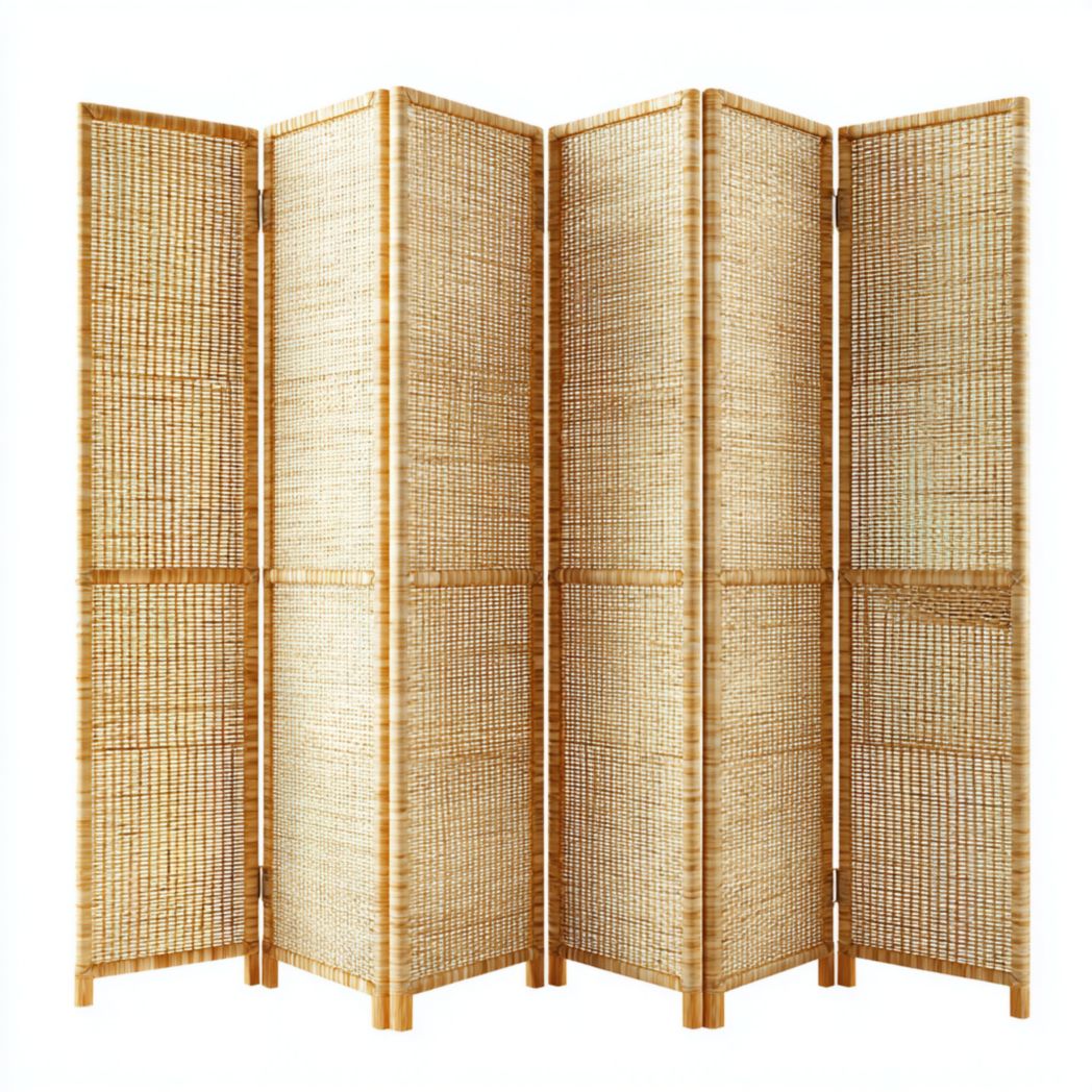Paravent 6 panneaux rotin tressé, structure rectangulaire bois naturel
