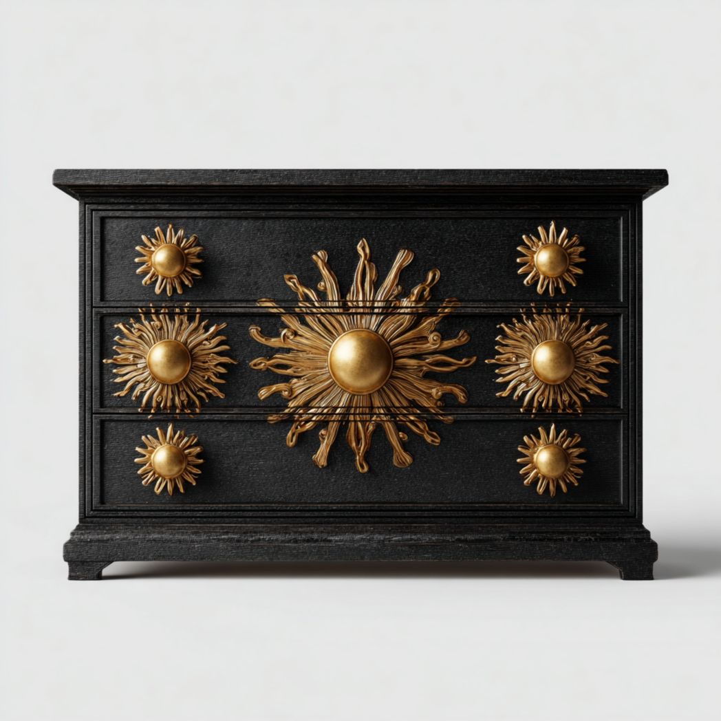 Commode 3 tiroirs bois noir, façades ornées de motifs solaires dorés