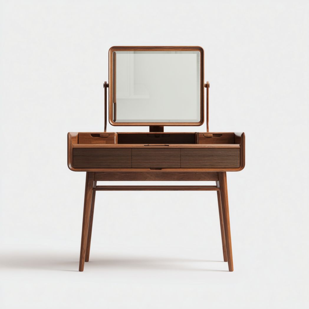 Coiffeuse en bois avec miroir carré, trois tiroirs et compartiments de rangement supérieurs