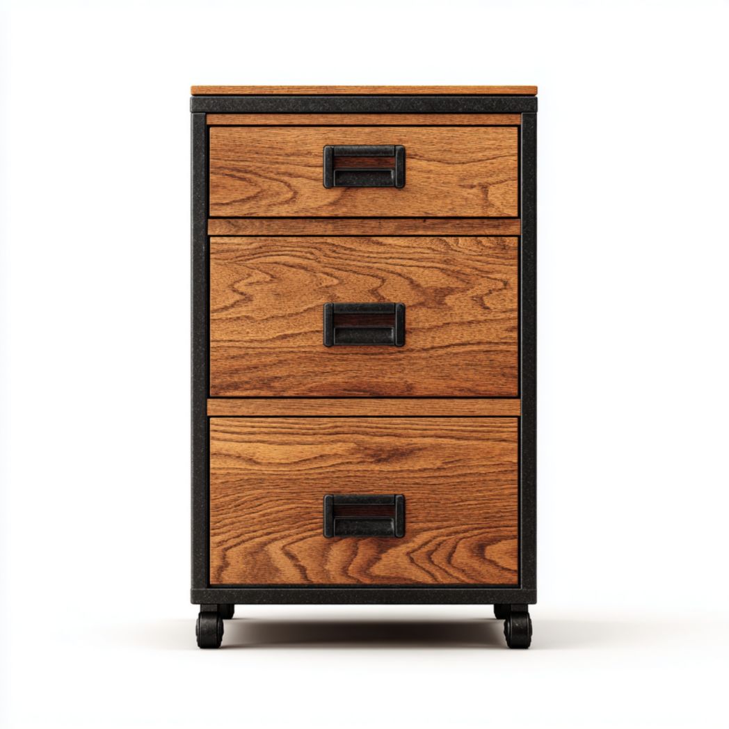 Caisson de bureau à trois tiroirs en bois avec cadre noir et roulettes