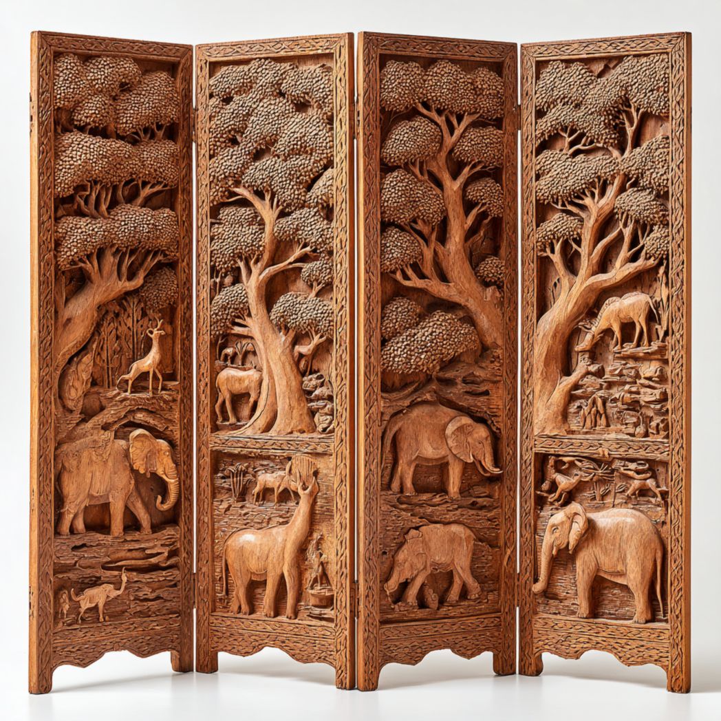 Paravent 4 panneaux bois sculpté, décor marron motifs arbres et animaux