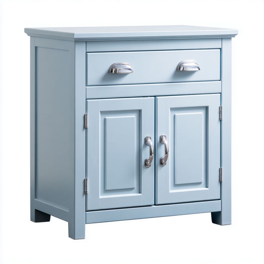 Meuble à chaussures bleu avec un tiroir et deux portes