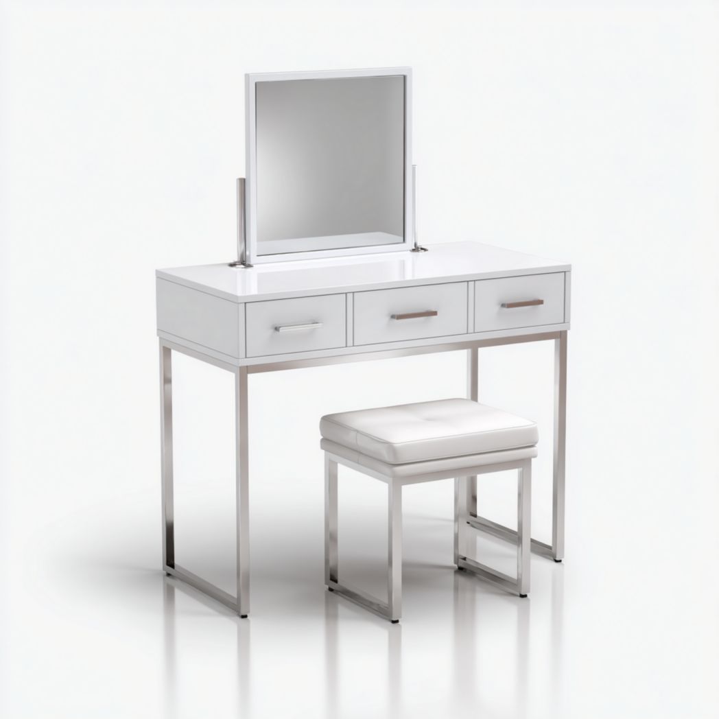 Coiffeuse blanche avec miroir rectangulaire, trois tiroirs et structure en métal avec tabouret rembourré