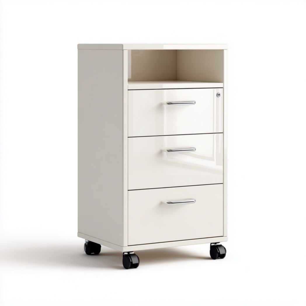 Caisson de bureau en métal blanc cassé, 3 tiroirs dont 1 verrouillable et niche ouverte, sur roulettes