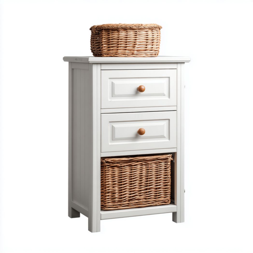 Meuble de salle de bain en bois blanc avec 2 tiroirs et panier en osier
