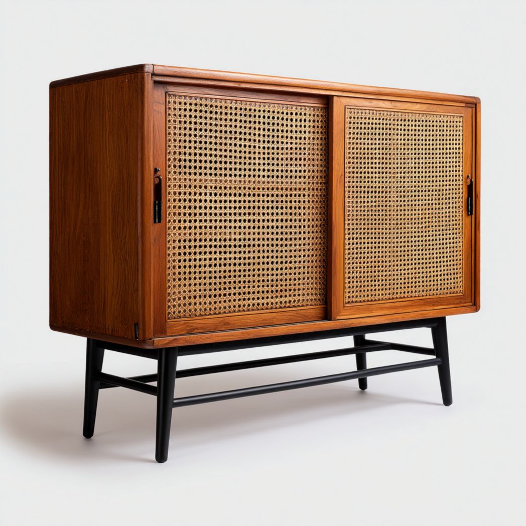 Armoire de bureau à deux portes en bois, portes tissées respirantes, pieds en métal noir
