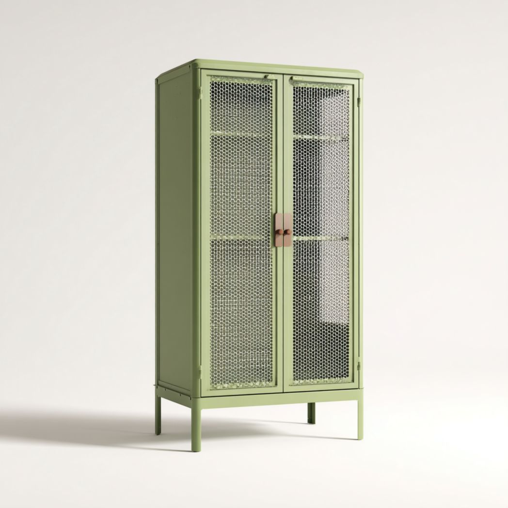 Armoire métallique verte à deux portes grillagées avec poignées brunes