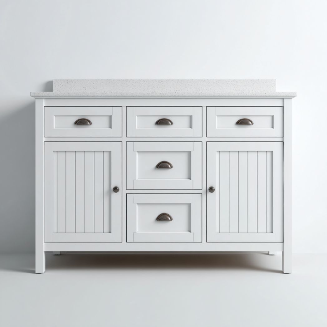 Meuble de salle de bain blanc en bois avec 5 tiroirs et 2 portes