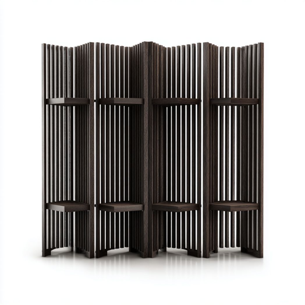 Paravent 4 panneaux bois foncé, structure rectangulaire à lattes verticales