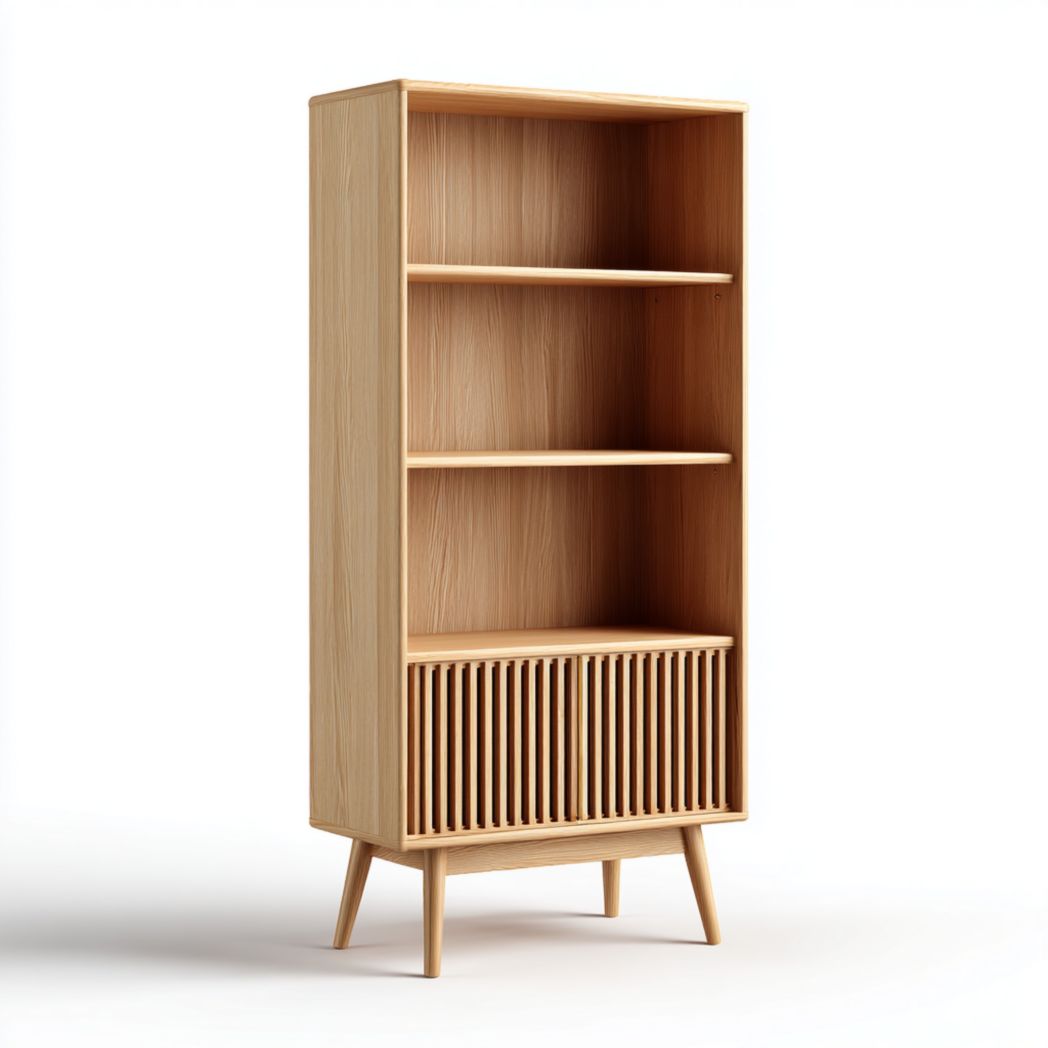 Étagère de salle de bain en bois clair avec 3 étagères ouvertes et 2 portes