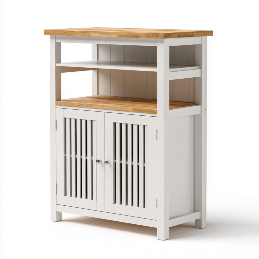 Armoire de salle de bain blanche avec 2 étagères ouvertes et 2 portes à lattes