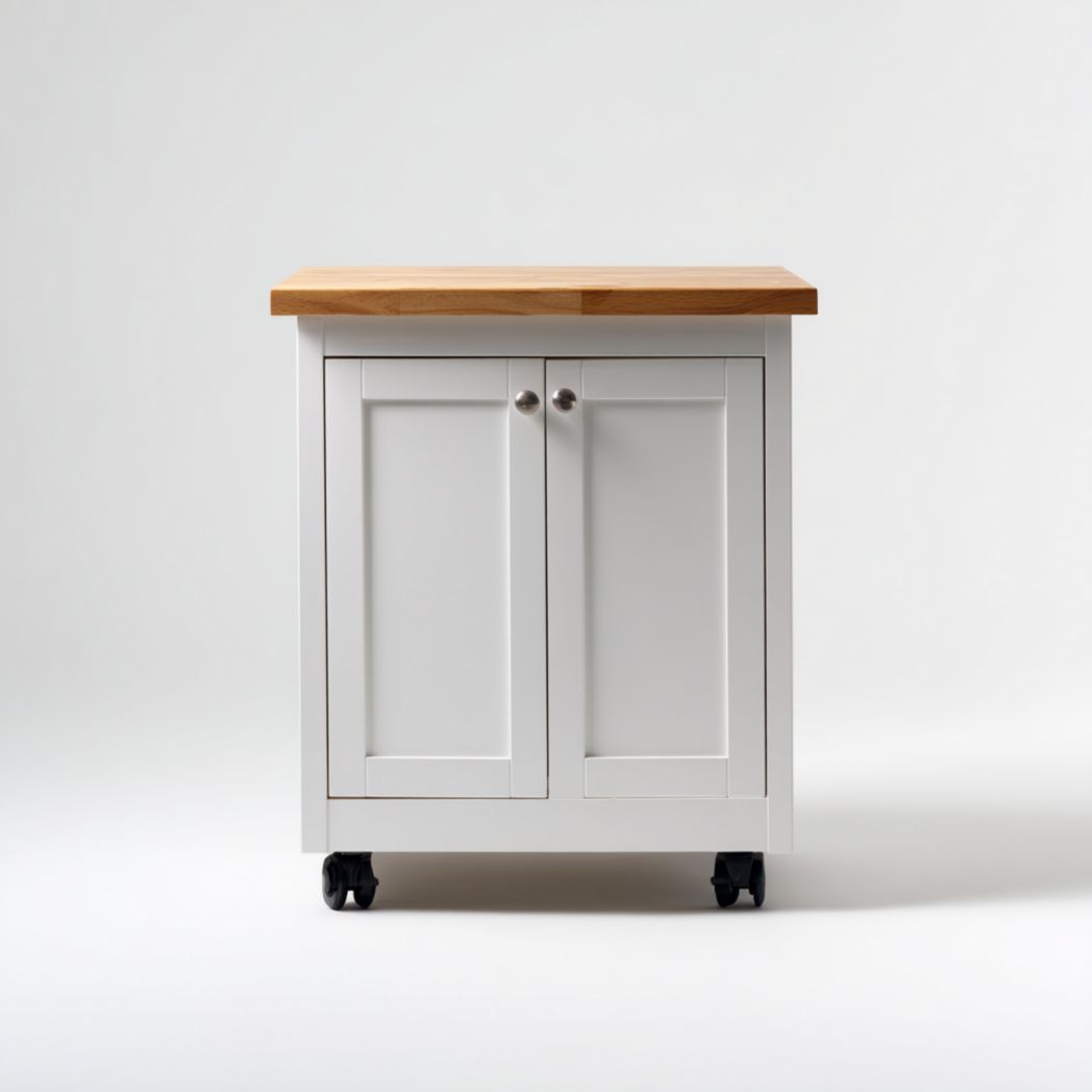 Caisson de bureau blanc à deux portes avec plateau en bois et roulettes
