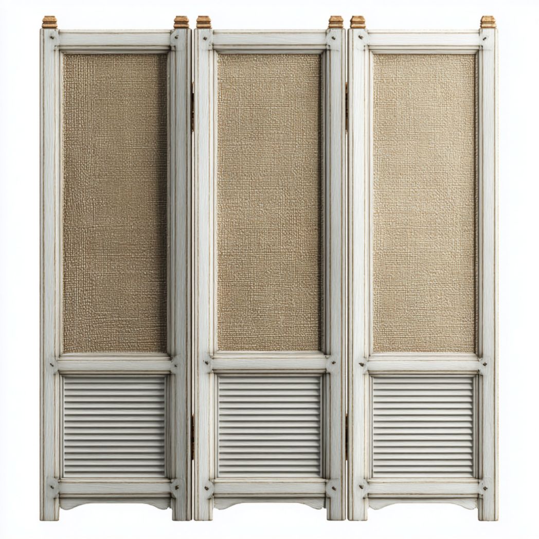 Paravent pliant à trois panneaux en bois et toile de lin beige