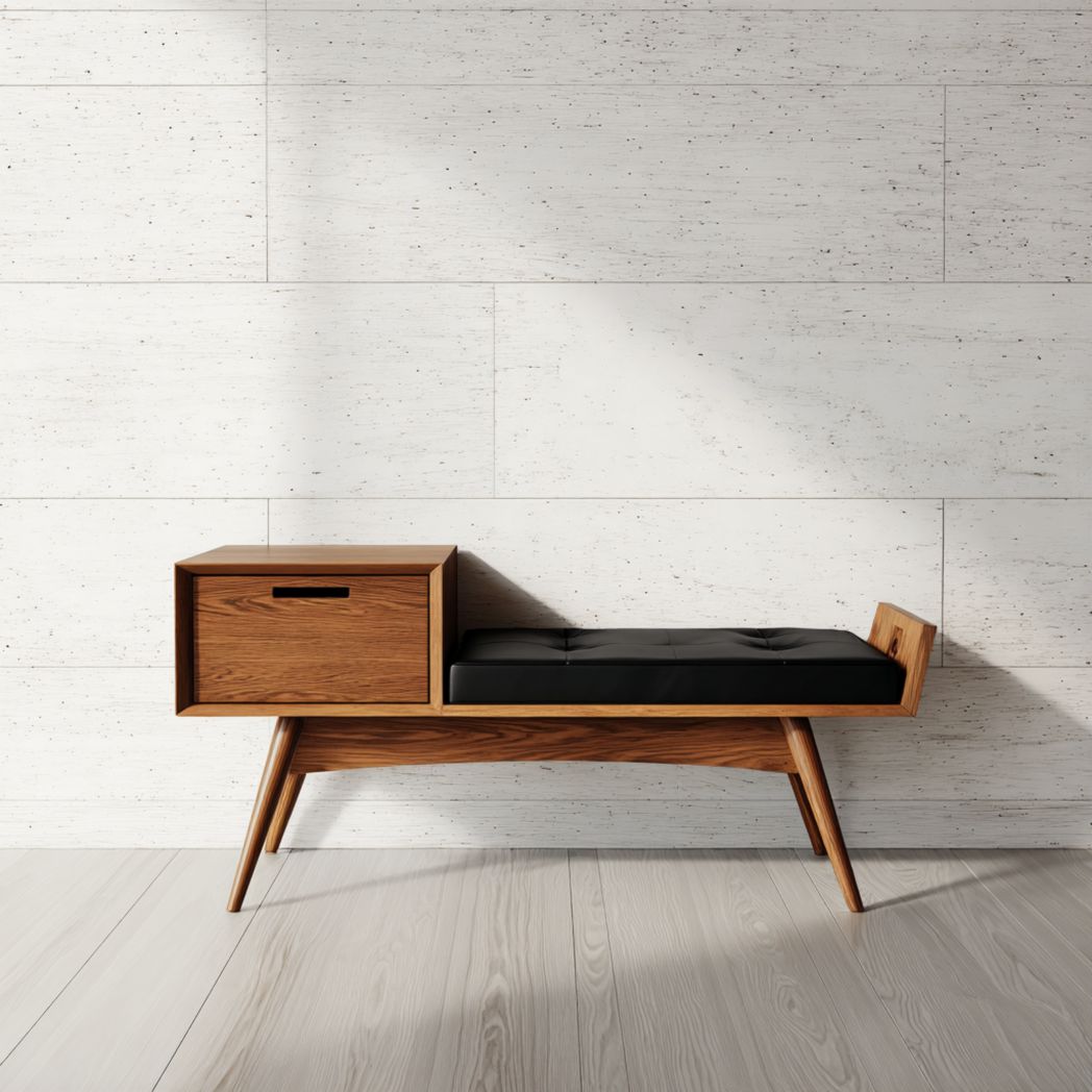 Banc d'entrée bois avec coussin noir et tiroir de rangement