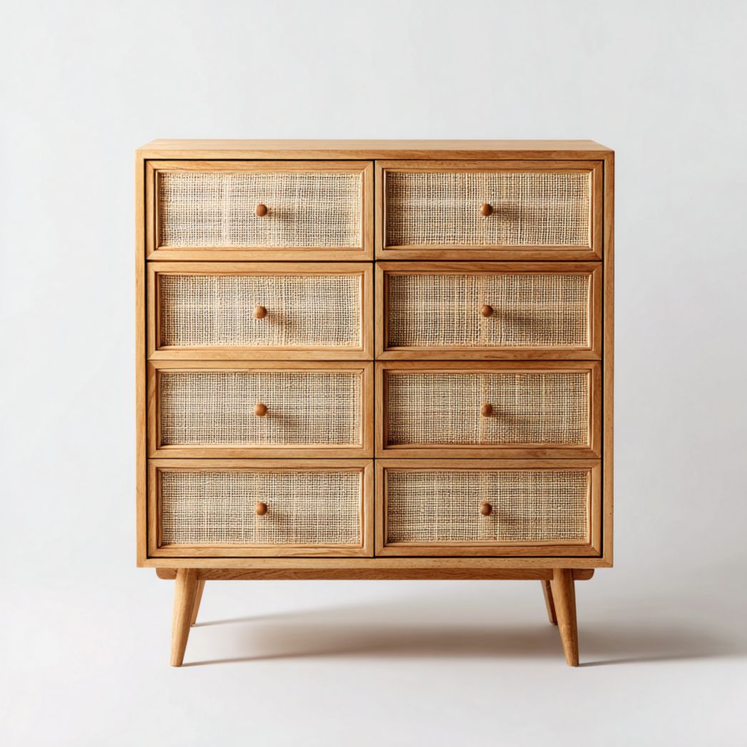 Commode 8 tiroirs bois naturel, façades en cannage, pieds cylindriques