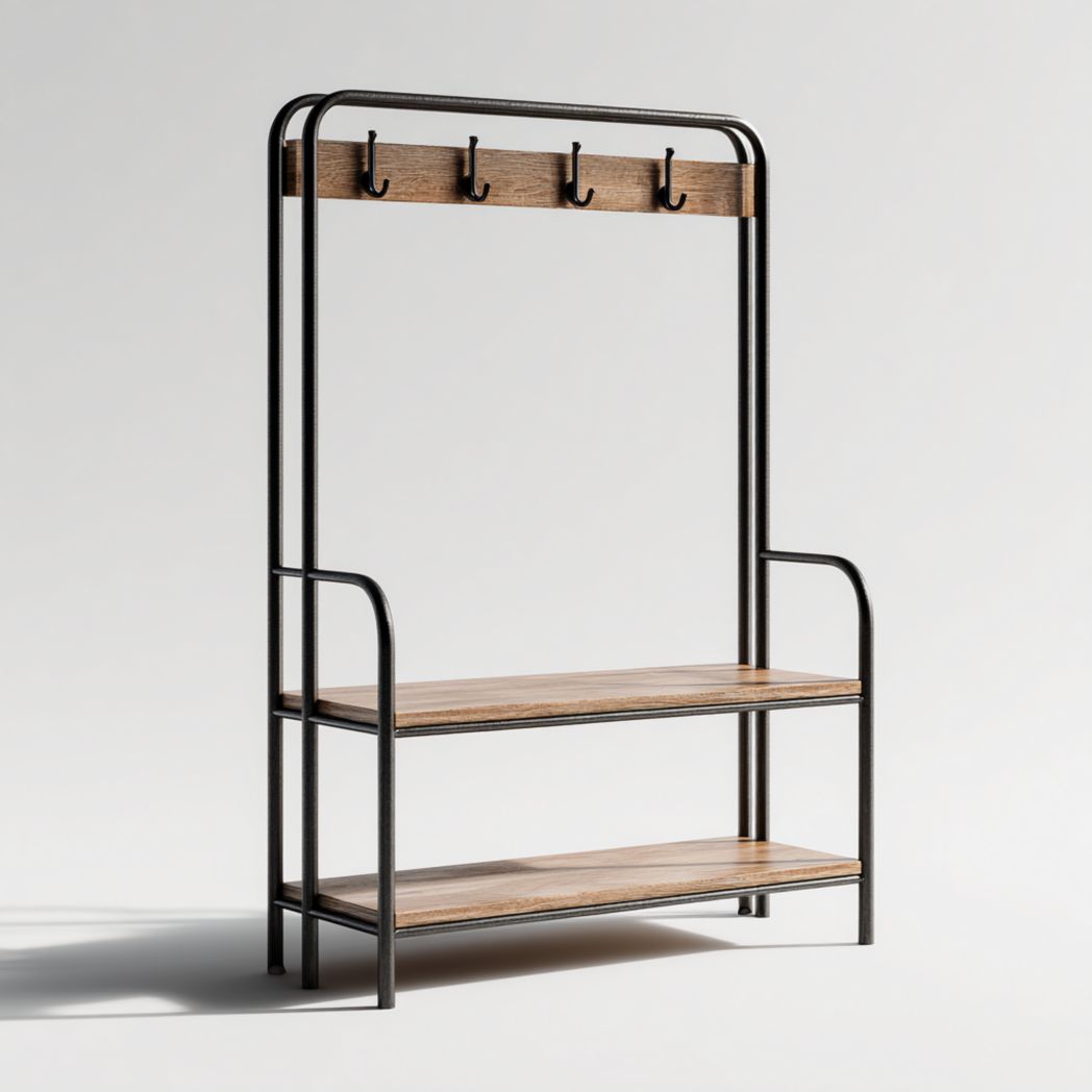 Portemanteau en métal noir avec 4 crochets et 2 étagères en bois