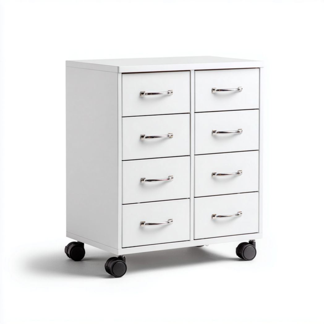 Caisson de bureau blanc à huit tiroirs avec roulettes