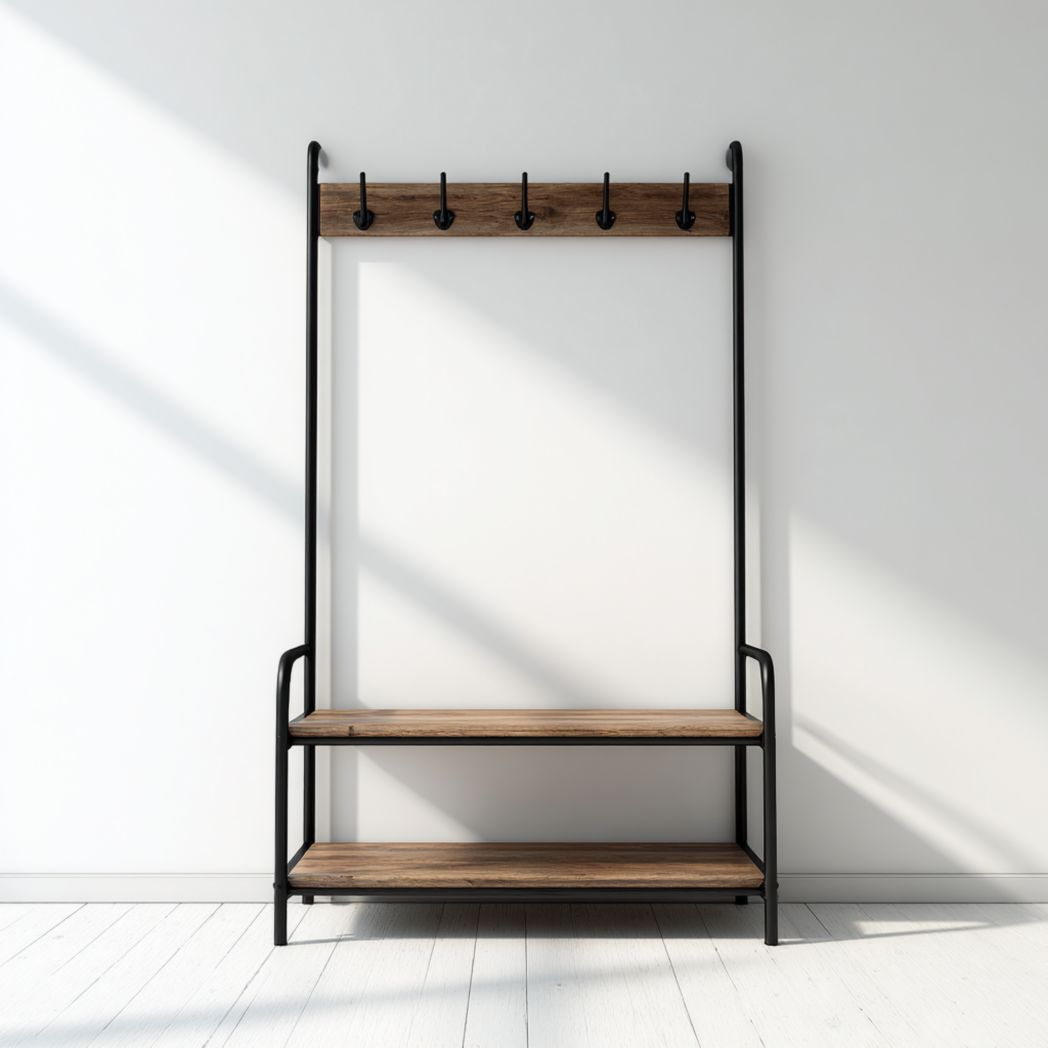 Portemanteau en métal noir avec 5 crochets et deux étagères en bois